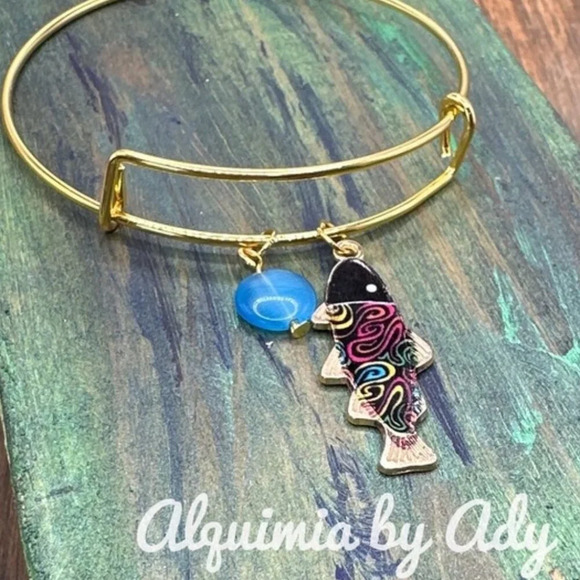 Cat's eye gold fish charms adjustable bracelet bangle cuff - Picture 1 of 4